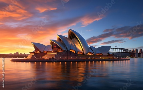 Panoramic view of Sydney Opera House at sunset.