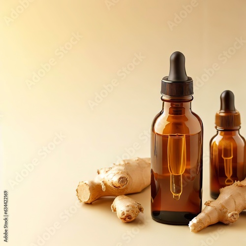 mock up amber glass dropper bottles and ginger root on beige background copy space natural cosmetic concept