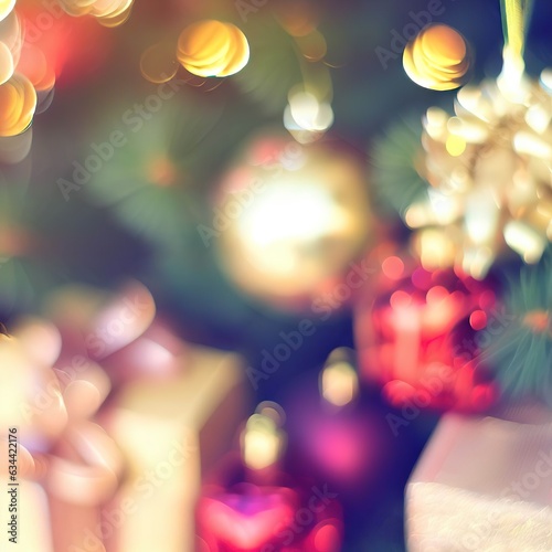 Happy new year and ornaments on the Christmas tree with gift box ,blurred and soft focus