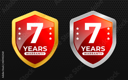 7 years warranty with glossy gold and silver vector shield shape. for label, seal, stamp, icon, logo, badge, symbol, sticker, button