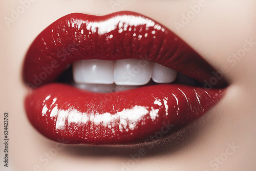 Female lips. Lipstick on lips close-up. Lip gloss. Selective focus. AI generated