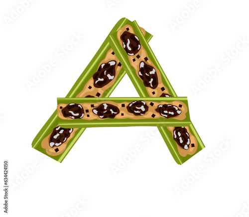 vector illustration A dish of chopped celery topped with peanut butter and raisins named Ants on a Log