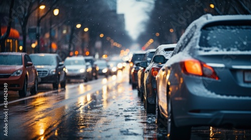 A winter snowstorm brings traffic and pedestrians to a slow crawl at New York. Traffic in Manhattan New York City photo