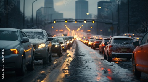 A winter snowstorm brings traffic and pedestrians to a slow crawl at New York. Traffic in Manhattan New York City