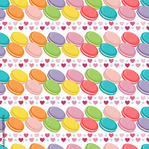 Fototapeta Naklejka Na Ścianę i Meble -  Vector seamless pattern with colorful macaroon cookies, french biscuits, hearts
