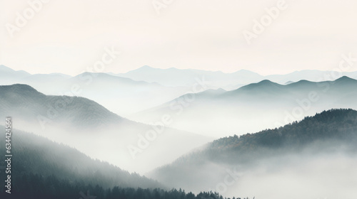 Dreamy mountains with autumn background during mist or fog. Elegant and minimalistic style wallpaper with copy space in white and grey, green colors.