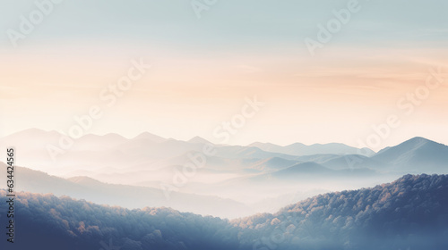 Dreamy mountains with autumn background during sunset or sunrise. Elegant and minimalistic style wallpaper with copy space in orange, yellow colors.