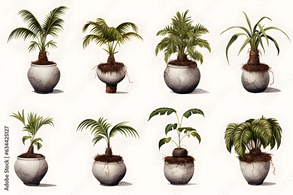 Coconut bonsai illustration set.Generated AI Coconut bonsai illustration set.Generated AI
