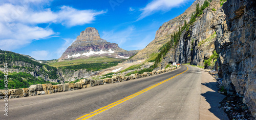 Panoramic view of Going-To-The-Sun road in Glacier National Park, Montana with Clements Mountain and the East Side tunnel in the background photo