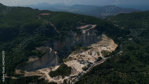 Aerial footage of the limestone quarry at Troumpeta Pass in the Arakli mountain range of NW Corfu