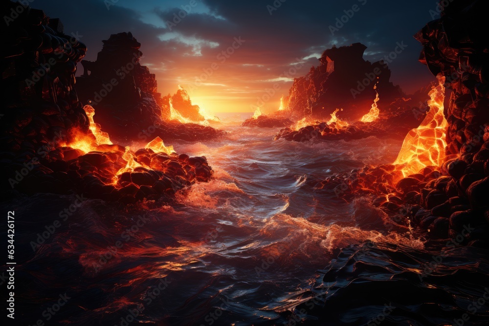 Lava's Embrace of the Sea: A Mesmerizing Display of Molten Flow Meeting the Ocean's Chill, Generating Steam
