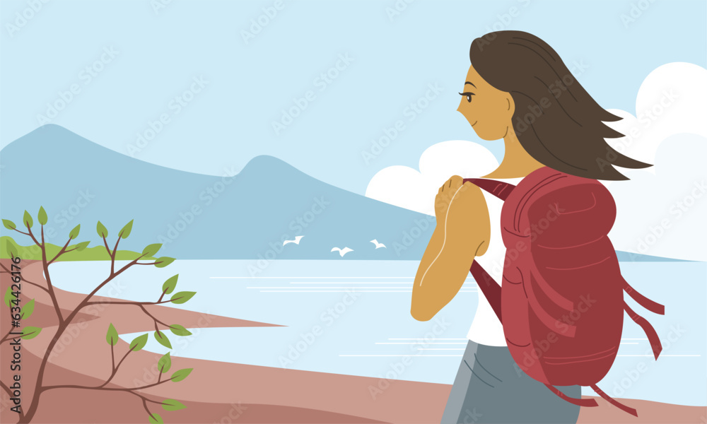 Young tourist girl. Hiker with backpack. Seascape with coast and mountains. Beautiful nature. Wild beach. Summer sea lake. Flat vector illustration background Young tourist girl. Hiker with backpack. Seascape with coast and mountains. Beautiful nature. Wild beach. Summer sea lake. Flat vector illustration background