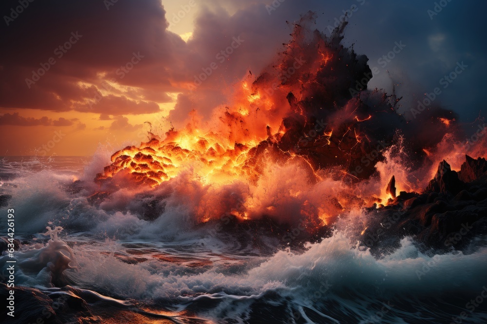 Elemental Clash: The Spellbinding Intersection of Fiery Molten Lava and the Frigid, Blue Ocean, Giving Rise to Steam