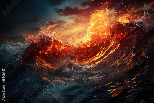 Nature's Fiery Drama: The Captivating Scene of Molten Lava Flow Meeting the Cold, Blue Ocean with Steam Rising