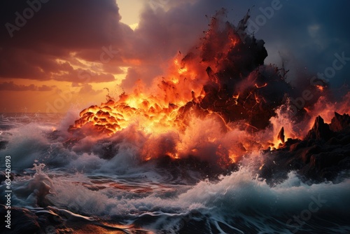 Elemental Clash: The Spellbinding Intersection of Fiery Molten Lava and the Frigid, Blue Ocean, Giving Rise to Steam