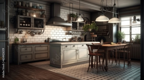 Interior of kitchen in vintage rustic style with wooden furniture in a cottage