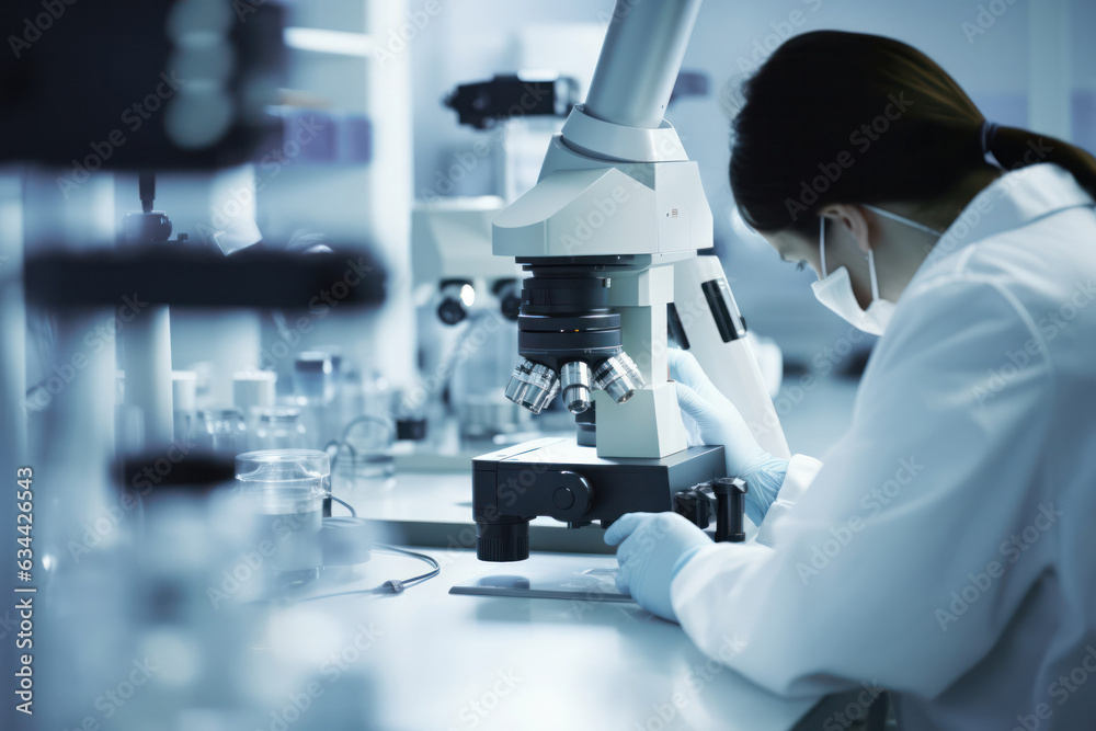 modern microscope and researcher scientist in lab observing experiments in scientific process modern microscope and researcher scientist in lab observing experiments in scientific process
