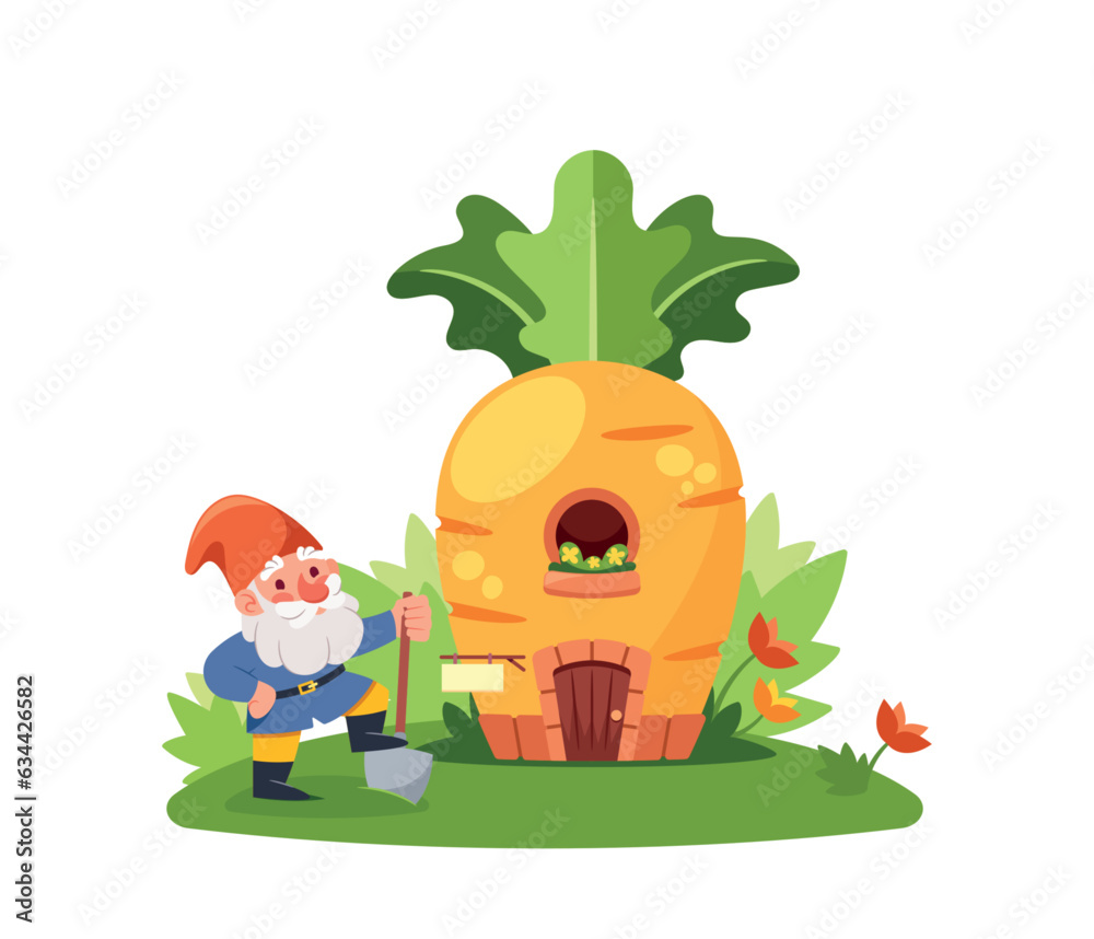 Fototapeta premium Gnome Gardener with Spade near the Carrot House. Isolated Ripe Vegetable Hut With Wooden Door and Window
