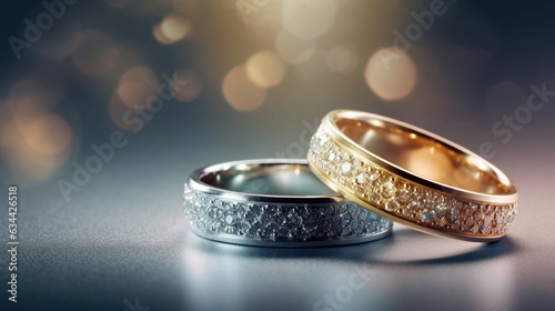 Romantic wedding ring celebration background with two gold rings balancing upright over a sparkling