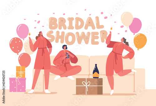 Female Friends Characters Gather To Honor The Bride-to-be With A Joyous Bridal Shower. Share Gifts, Laughter, And Wishes