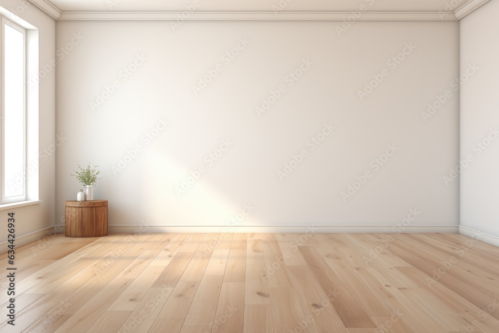 Empty room and wall and wooden floor with interesting with glare from the window. Interior background for the presentation. Generative AI Empty room and wall and wooden floor with interesting with glare from the window. Interior background for the presentation. Generative AI
