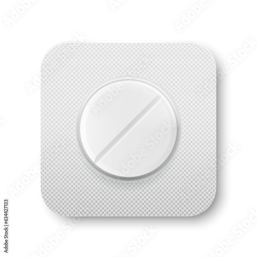 Vector Realistic Pharmaceutical Medical White Pill in Blister, Vitamins, Tablet in a Package Closeup Isolated. Pill in Blister Packaging Design Template. Front, Top View. Medicine, Health Concept