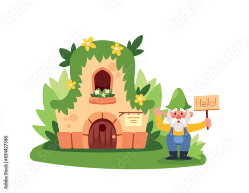 Cartoon Fairytale Elf Or Dwarf House, Fantasy Dwelling For Fairy Or Gnome. Stone Home With Wooden Door