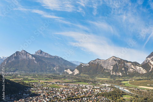 Panorama of the city of Bad Ragaz against the background of the Swiss Alps at sunset. Bad Ragaz Switzerland. Aerial view. Top view © flowertiare