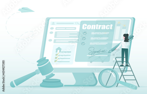 Online signing signature concept. Agreement and signature electronic legal binding documents. Management, data analysis contract, buy, sell, rent, borrow. Flat vector design illustration.