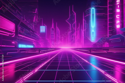 Outer Space Retro Cyberpunk Vibe Sci-Fi Background Featuring Neon-Lit Grid