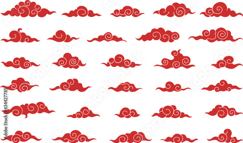 Traditional korean clouds. Flat chinese or japanese red cloud silhouettes, decorative asian festival elements, oriental graphic decent vector set