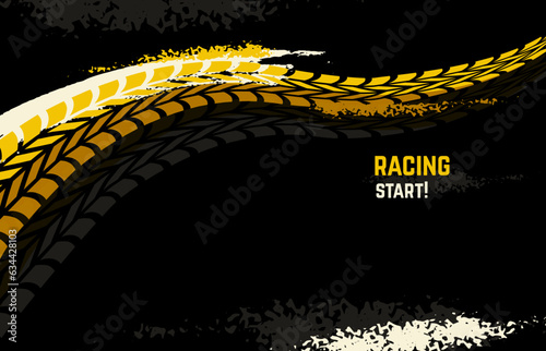 Automotive banner with tyre, abstract transport brochure, motorcycle racing background. Vehicle tires track, grunge rally neoteric vector poster