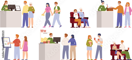 Happy young couples in cinema. Buy tickets and food, popcorn and drinks. People watch film in theater, dating and holiday time snugly vector scenes