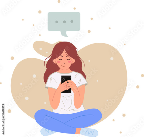 A young girl using a mobile phone is sitting cross-legged on the floor, isolated vector illustration. Exchange text messages, reflect and wonder, no other gestures. Vector illustration.