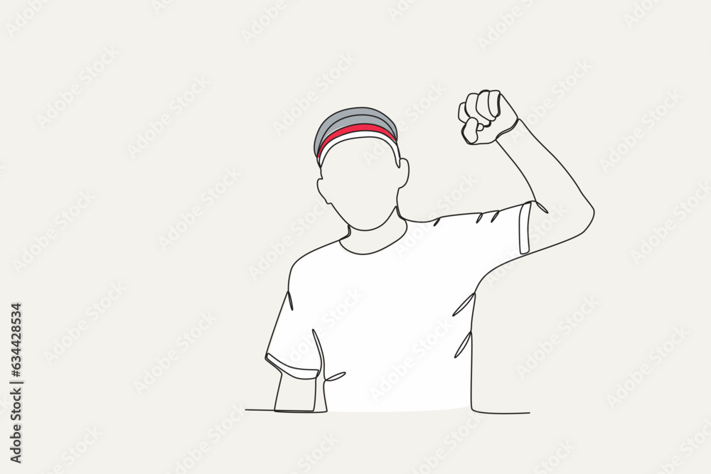 Color illustration of a young man clenching his fists. Youth pledge one-line drawing