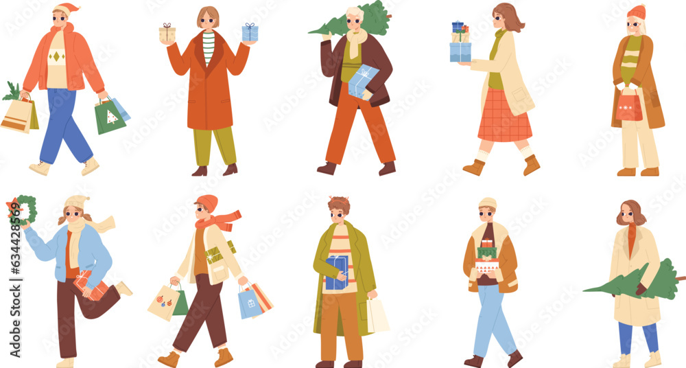 People with christmas gifts, parcel and present. Winter wear person hold xmas tree, walk for shopping. New year sale season, snugly vector characters People with christmas gifts, parcel and present. Winter wear person hold xmas tree, walk for shopping. New year sale season, snugly vector characters