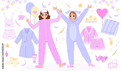 Pajama party elements. Girls wear bedtime costumes, pajamas and bathrobe. Home celebrate items, candles, slippers and mask, snugly vector set