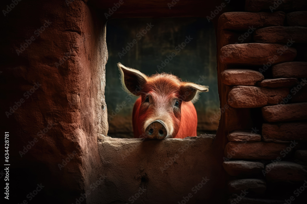 Schwein schaut aus dem Fenster - obrazy, fototapety, plakaty 