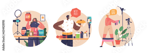 Isolated Round Icons Or Avatars Of The Influencer Characters Promote Sports Equipment And Nutrition Through Content
