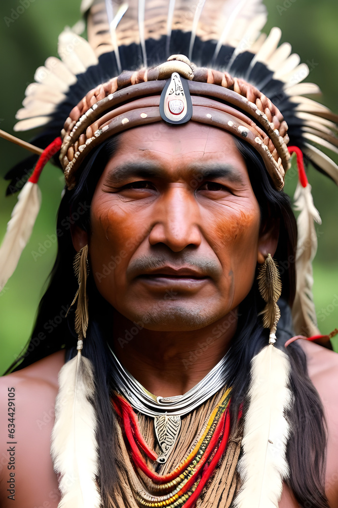 Portrait of a Native American warrior in costume.