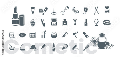 Cosmetic icon set with lipstick, nail polish, mascara for eyes
