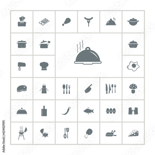 Cooking icon set with restaurant cloche, kitchen equipment icons.