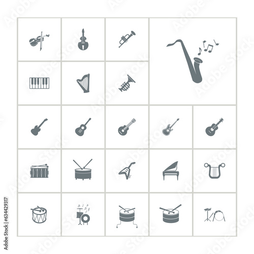 musical instruments icon set with guitar, piano, drums, saxophone