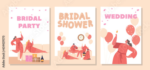Bridal Shower Banners With Female Friends Characters Celebrate Party Before Wedding Event Cartoon Vector Illustration