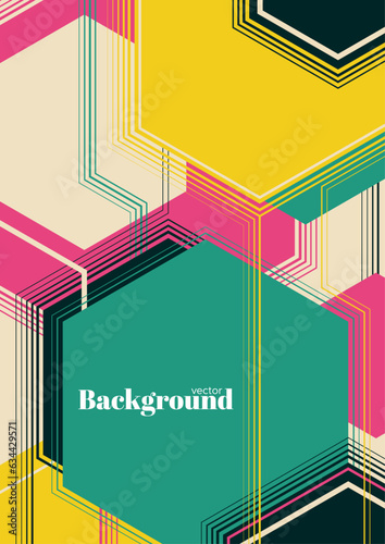 Abstract geometric poster with colorful hexagonal shapes. Vector minimalist illustration