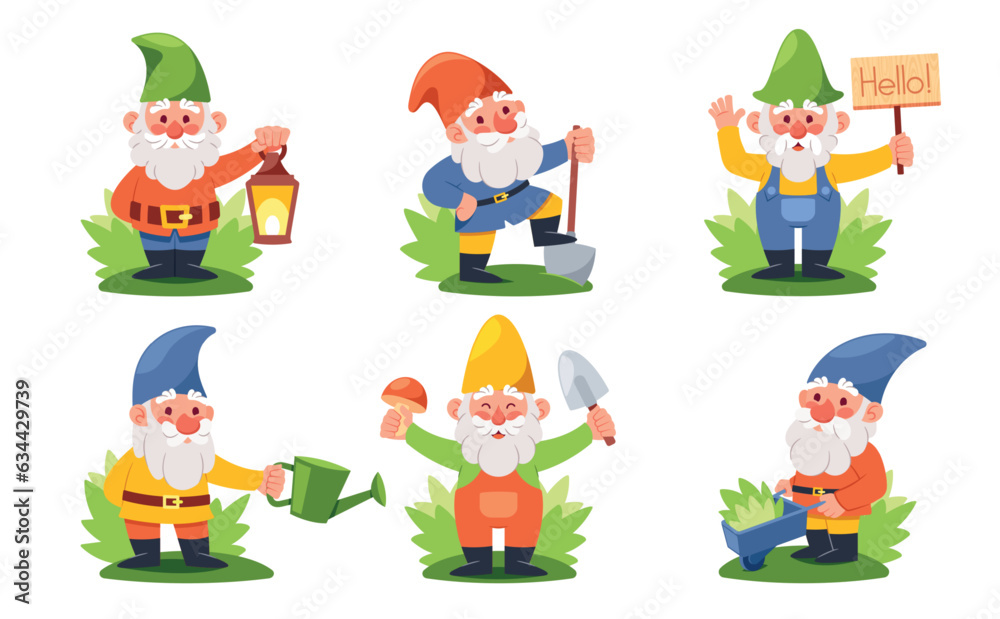 Whimsical Tiny Gnomes Gardeners with Pointy Hats And Tools. They Tending To Plants And Flowers With Their Shovels Whimsical Tiny Gnomes Gardeners with Pointy Hats And Tools. They Tending To Plants And Flowers With Their Shovels