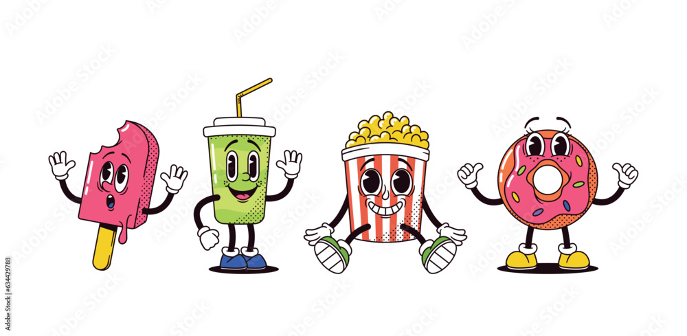 Cartoon Nostalgic Fast Food Mascots From The Past. Ice Cream, Cola Cup ...