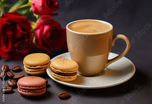 Roses, cup of coffee and macarons on a dark background. World coffee day concept.