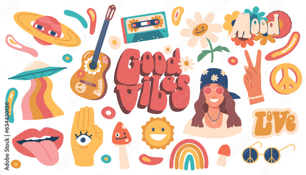 Naklejka premium Hippie Icons Set. Collection Of Vibrant And Iconic Symbols Representing The Hippie Movement, Cartoon Vector Illustration