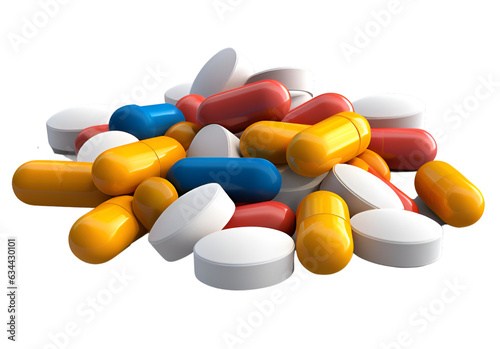 stack of multicolor pharmaceutical vitamin pills on isolated transparent background photo